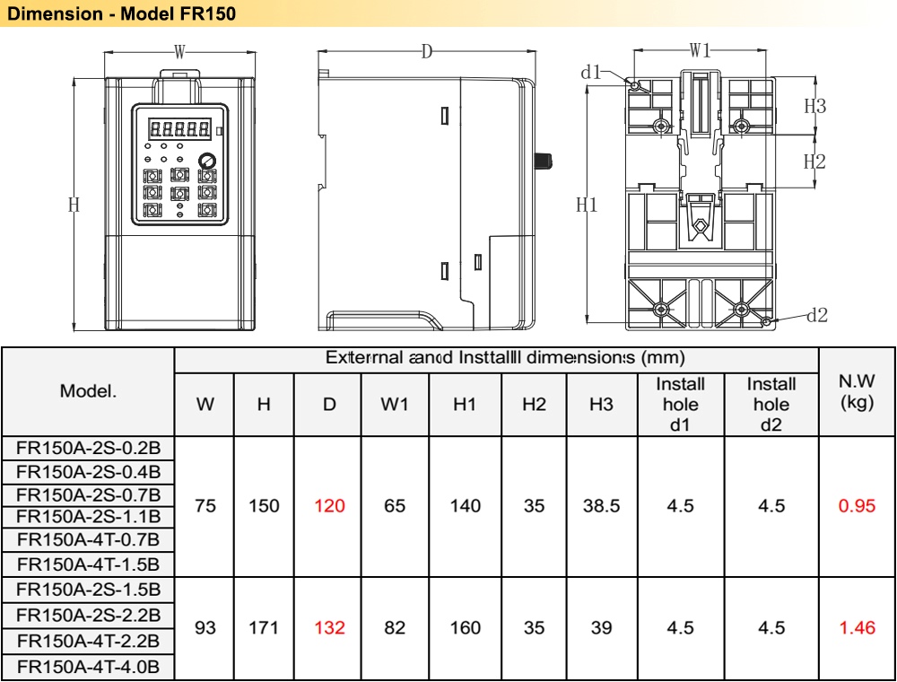 Kích thước Biến tần Frecon FR150A-4T-0.7B